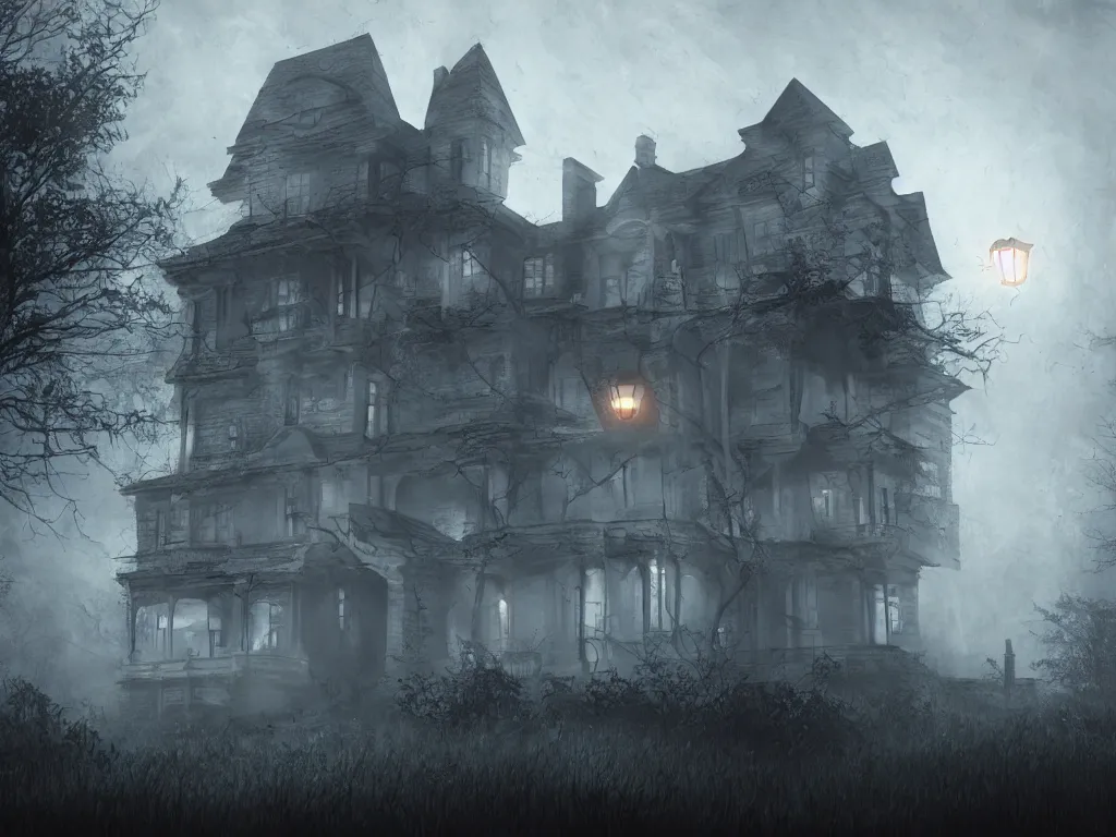 Image similar to house on the haunted hill, horror, creepy, surreal, dreamscape, high quality, ultradetailed, sharp, artstation, 8 k, volumetric fog