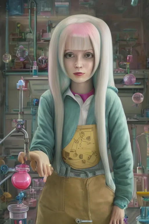 Image similar to highly detailed, industrial photography, profile view of adult princess bubblegum from adventure time, working in her science lab, wearing lab coat, long bubblegum hair, long straight bangs, confident, beautiful, attractive, illustration concept art by nicoletta ceccoli, mark ryden, lostfish, detailed and intricate environment, 8 k resolution, hyperrealistic, octane render