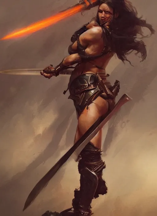 Prompt: hyper realistic warrior girl with sword in her hand, full body, rule of thirds, human proportion, good anatomy, beautiful face, conceptart, saturated colors, cinematic, vallejo, frazetta, greg rutkowski, trending on artstation