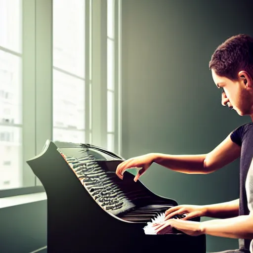 Image similar to a cyborg playing the piano in a futuristic apartment, award winning art, 4k, highly detailed, sharp focus, cinematic lighting, smooth