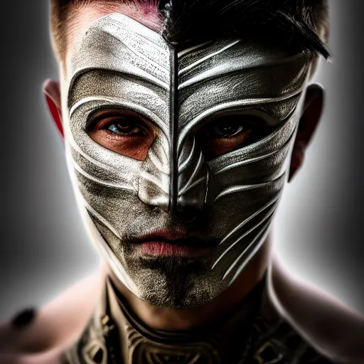 Prompt: portrait of a male warrior with half face-half mask ,fantasy, D&D, HDR, natural light, dynamic pose, award winning photograph, 8k, Mucha style,