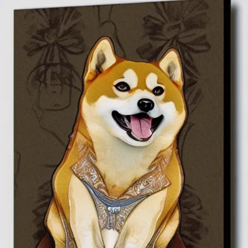 Image similar to portrait of happy laughing shiba inu with a background in the style of mucha. detailed. hd