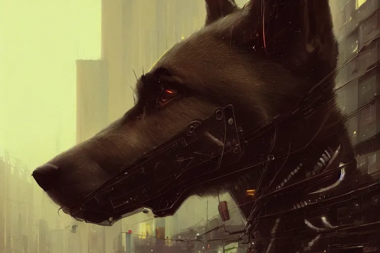 Image similar to new york city portrait of furry anthro anthropomorphic german shepard head animal person fursona wearing clothes strange cybernetic augmentations cyber muzzle gloomy rainy cyberpunk digital art by Greg Rutkowski, Simon Stalenhag, trending on Artstation, CGSociety