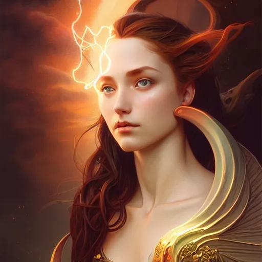 Prompt: portrait of a goddess of elemental lightning, half body, perfect face, d & d, fantasy, intricate, elegant, highly detailed, digital painting, artstation, concept art, smooth, sharp focus, illustration, art by artgerm and greg rutkowski and alphonse mucha