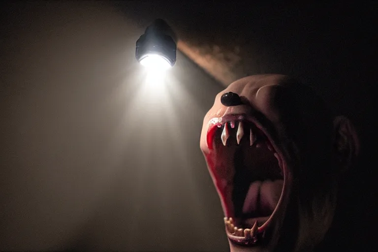 Image similar to A vile creature in the dark is illuminated by a flashlight, scary scene, top horrible creature, horrible, horrors filmed on camera, teeth fangs and drool, jaw and tongue, man is terrified, fear, scream, terror, darkness, basement, 8k, hyper-realistic, ray tracing, night, flashlight