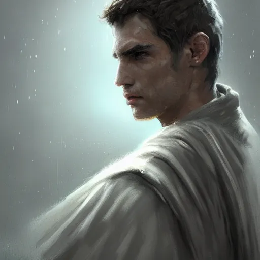 Image similar to portrait of a man by greg rutkowski, jedi knight, he looks like sam witwer, very short hair, wearing gray jedi robes, star wars expanded universe, he is about 2 0 years old, highly detailed portrait, digital painting, artstation, concept art, smooth, sharp foccus ilustration, artstation hq