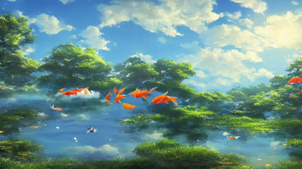 Prompt: a ultradetailed beautiful matte painting of a peaceful pond with a clear water and amazingly beautiful carp koi and a magical wind blowing gently, anime landscape, high resolution 4 k, by makoto shinkai, charli bowater and artgeem