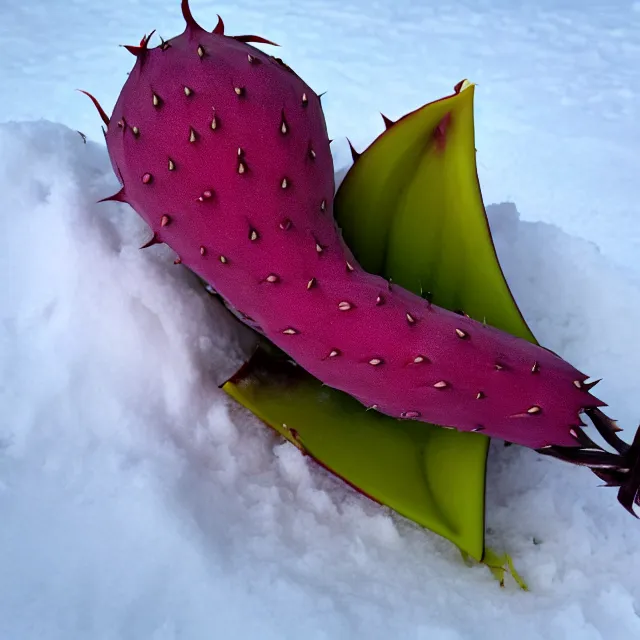 Prompt: a dragonfruit wearing a karate belt in the snow