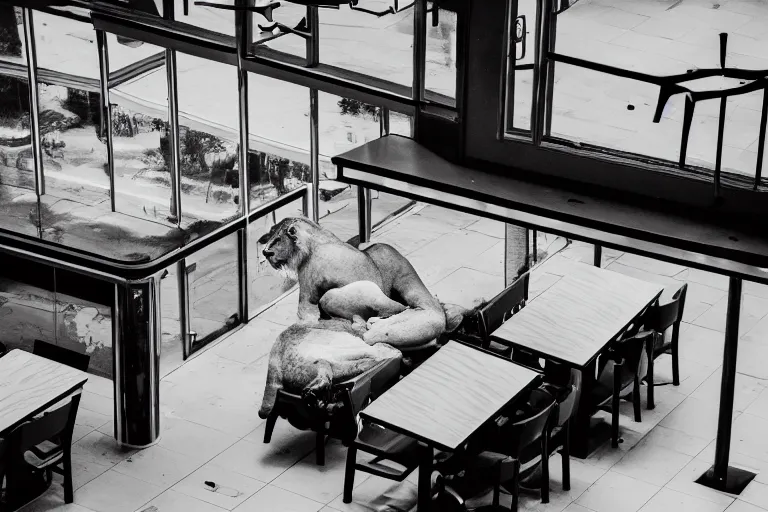 Image similar to a lion destroying furniture, empty fast food restaurant lobby, overhead view, surveillance, black and white, grainy image,