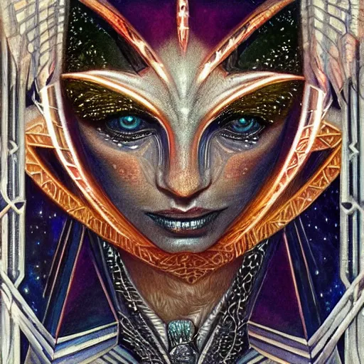 Prompt: beautiful closeup portrait of an art deco witch, glowing eyes. reflective detailed textures, moth wings, highly detailed dark fantasy science fiction painting by donato giancola and diego rivera, elaborate geometric ornament, ancient runes, silver and cool colors. artstation