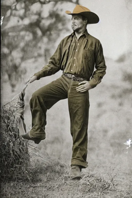 Prompt: old western photo of a cowboy in a yellow button-down shirt and olive green slacks intricate elegant historical photo