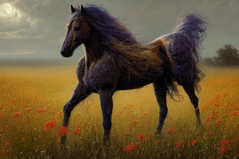 Image similar to a stunning digital painting of a horse made of instricately engraved gnarled wood with a mane of bioluminescent flowers running through a field of flowers by greg rutkowski, flowercore, volumetric light, digital art, fine detail, photorealistic