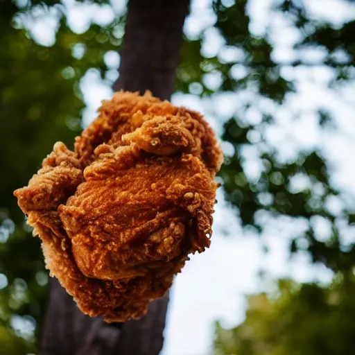 Image similar to Fried chicken nailed to a tree, high definition photography, professional