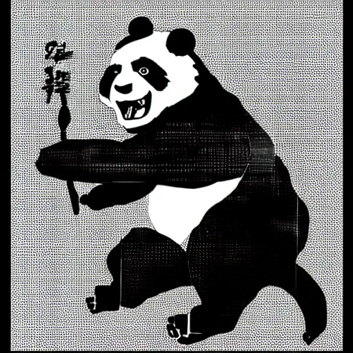 Image similar to technical drawing of an angry screaming panda in the style of yoji shinkawa and ashley wood, splatters, halftone textures, detailed