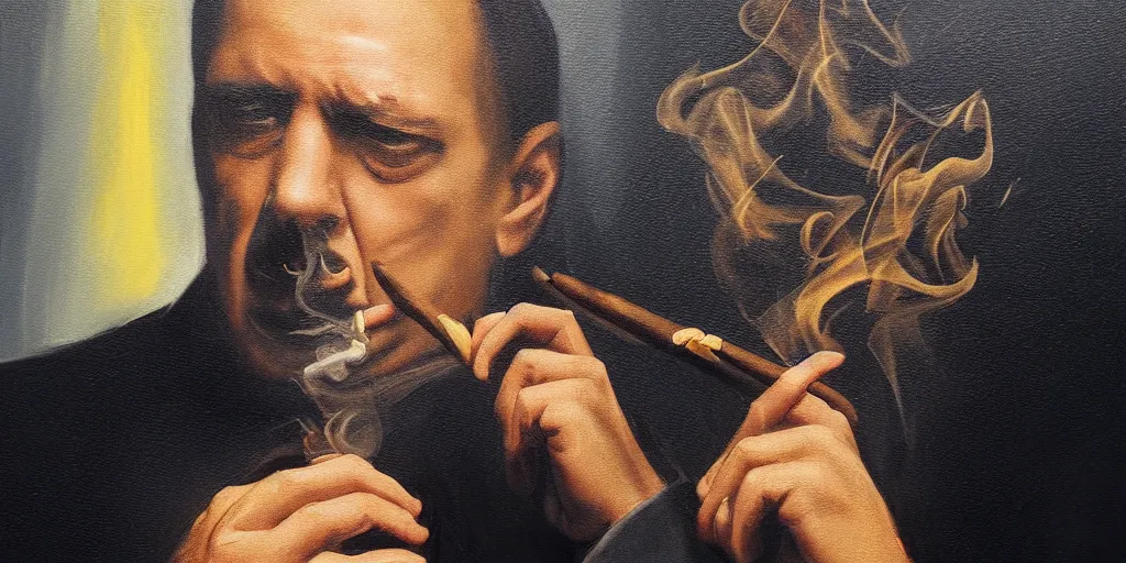 Image similar to abstract oil matte portrait painting, mafia boss smoking a cigar at his 5 0 s new york office desk, wonderful masterpiece highly detailed, beautiful cinematic light deep focus, elegant, digital painting, smooth, sharp focus, golden ratio, dramatic illumination, ultra realistic, 8 k, art by jimmy law