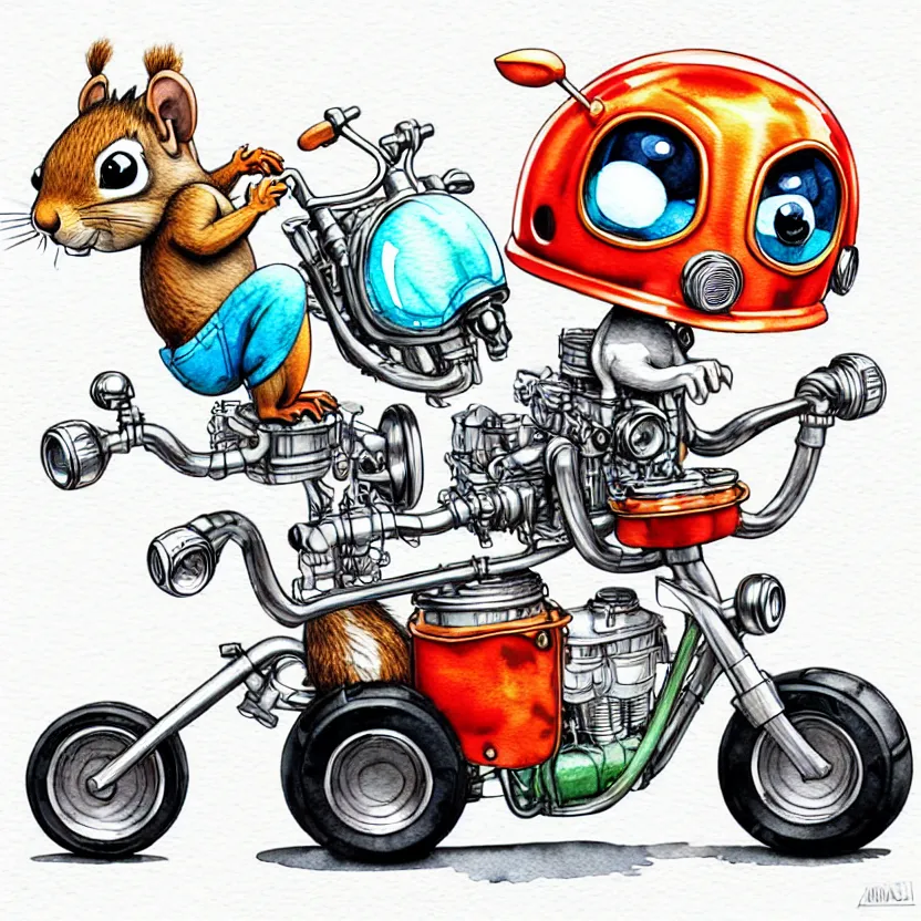 Image similar to cute and funny, squirrel wearing a helmet riding in a hot rod with oversized engine, ratfink style by ed roth, centered award winning watercolor pen illustration, isometric illustration by chihiro iwasaki, edited by range murata, tiny details by artgerm and watercolor girl, symmetrically isometrically centered, sharply focused