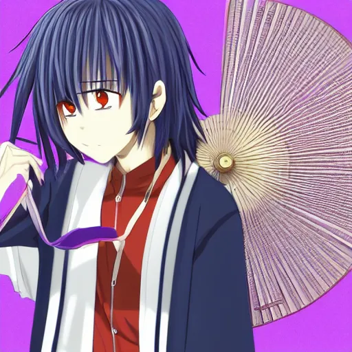 Image similar to anime teenager boy with straight indigo hair, purple eyes with red eye markers, slim body, wearing a detailed Japanese kimono, holding a japanese fan, Super-Resolution, HSL, 2-bit, VR, Uniform, Nano, Senary, RTX, insanely detailed and intricate, hypermaximalist, elegant, ornate, hyper realistic, super detailed, full body, full body shot, full image