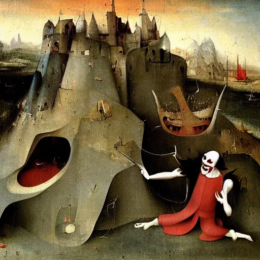 Image similar to portrait of the joker, joker is laughing, drama, chaos matte painting by hieronymus bosch and zidislaw beksinsky