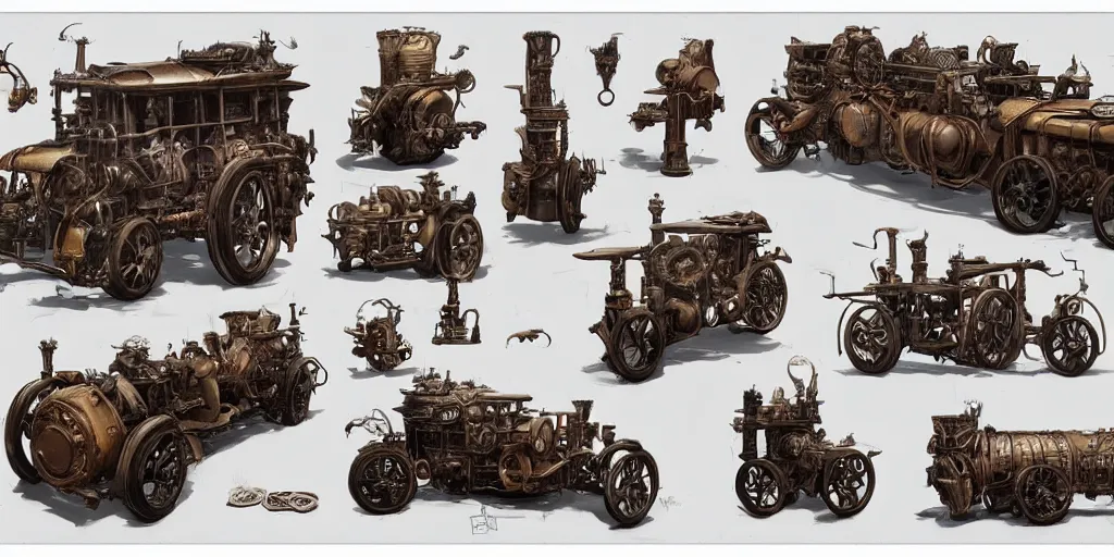 Prompt: steampunk vehicle design, character sheet, Moebius, Greg Rutkowski, Zabrocki, Karlkka, Jayison Devadas, Phuoc Quan, trending on Artstation, 8K, ultra wide angle, zenith view, pincushion lens effect