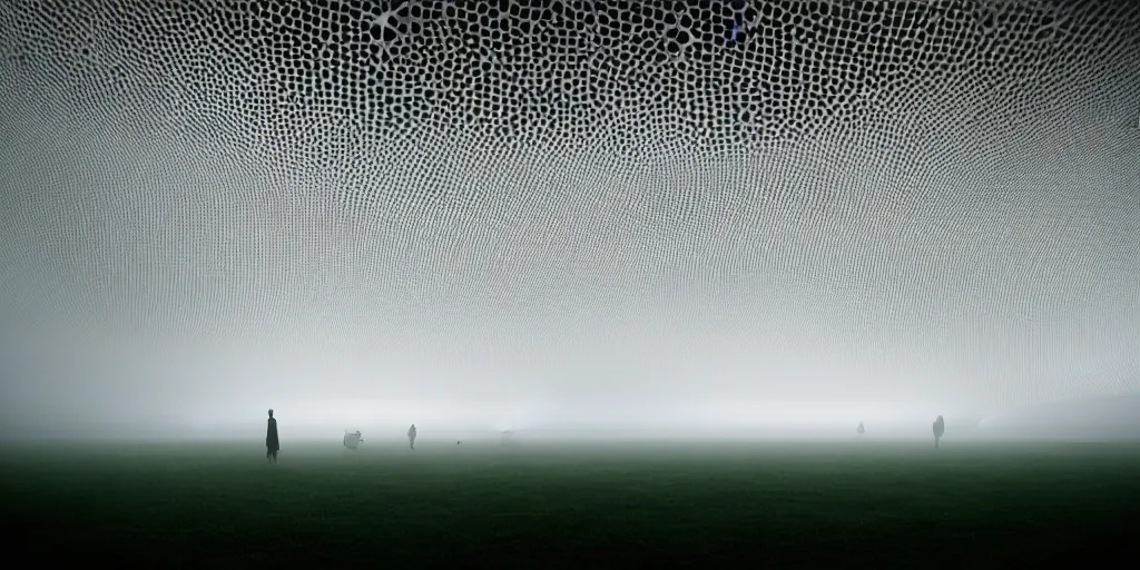 Prompt: white honeycomb organic illuminated building with warm illumination inside by kendall buster sits on the field evening atmosphere in low fog, 4 k, insanely quality, highly detailed, film still from the movie directed by denis villeneuve with art direction by zdzisław beksinski, telephoto lens, shallow depth of field