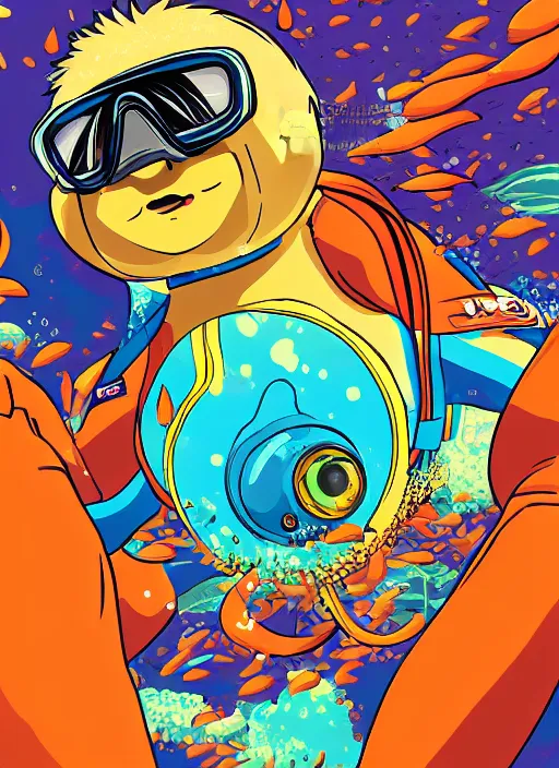 Image similar to Sloth scuba diving. In anime style. Explosions, tilt and orange, ultrawide angle, panoramic, fish eye, colorfull illustration