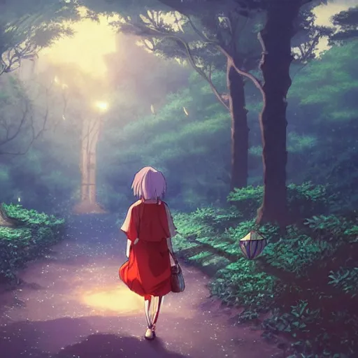 Prompt: anime, incredible wide screenshot, ultrawide, realist proportions, paper texture, intricate, very detailed, studio ghibli movie scene, girl in a dress walking a beautiful forest village, lanterns, wood bridges, night, outdoors, fireflies!!!!, fog