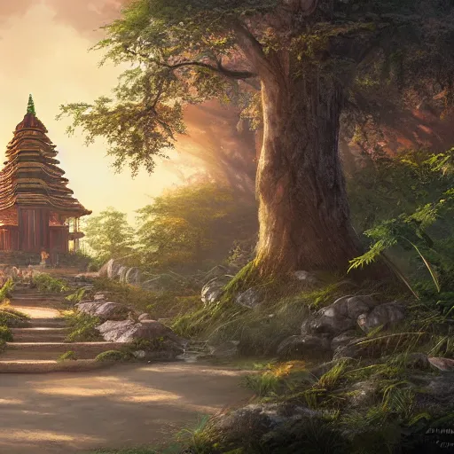 Image similar to temple in a beautiful forest on the seaside by peter klasen, artstation, hd, ultra detailed