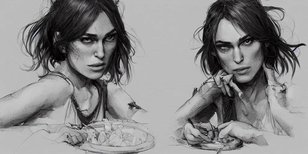 Image similar to cartoonish keira knightley eating dinner, character sheet, fine details, concept design, contrast, kim jung gi, greg rutkowski, trending on artstation, 8 k, full body, turnaround, front view, back view, ultra wide angle