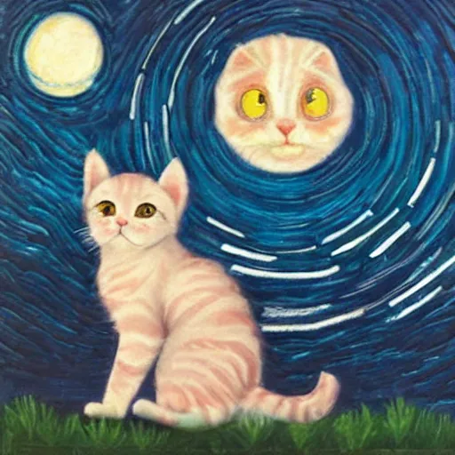 Image similar to kittens staring at the moon a starry night style