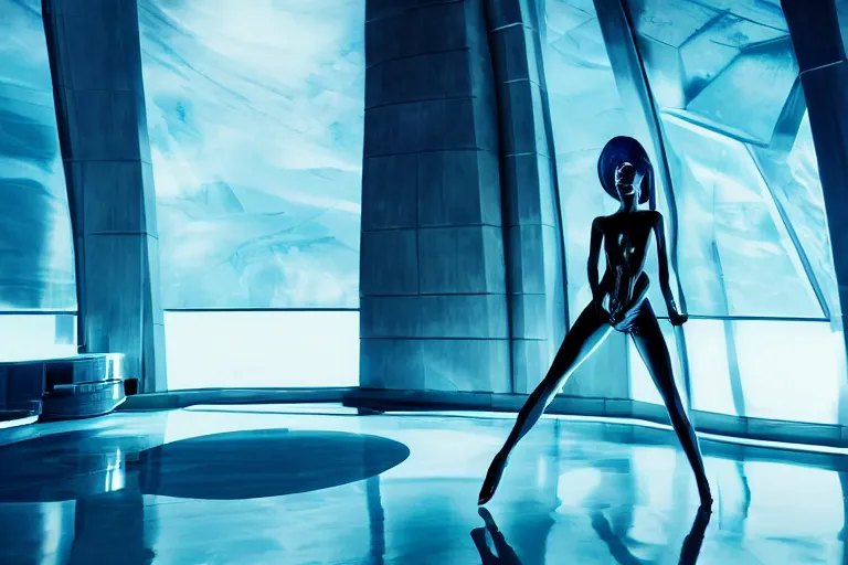 Image similar to vfx movie scene closeup of beautiful blue skin alien woman dancing in sleek futuristic decadent spaceship pillars, futuristic ballroom. giant windows view of earth obit. by emmanuel lubezki