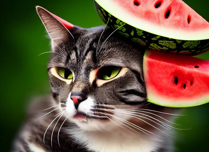 Image similar to photo of a cat wearing a helmet made of a watermelon. fantasy horror style. highly detailed 8 k. intricate. lifelike. soft light. nikon d 8 5 0 5 5 mm. dof. cinematic post - processing.