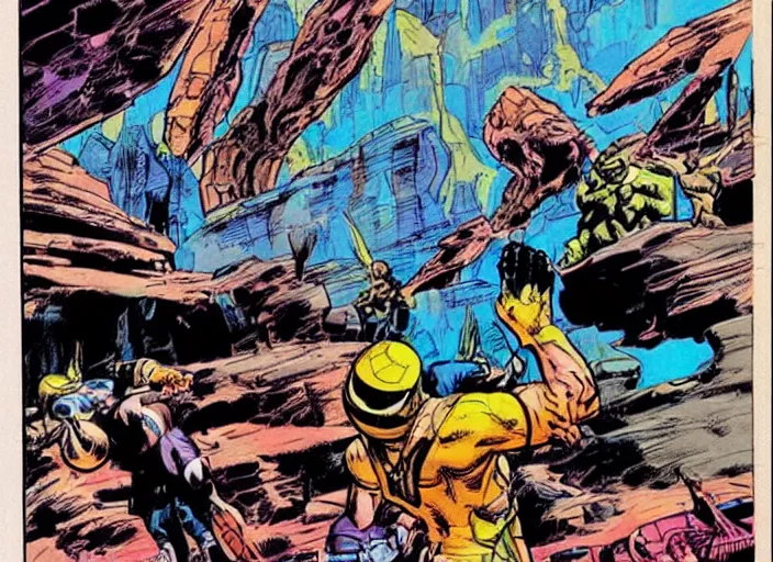 Image similar to comic book drawing of aliens building a base at the grand canyon by jack kirby!!! and simon bisley, epic, awesome bright color palette, hard contrast, black ink outlines