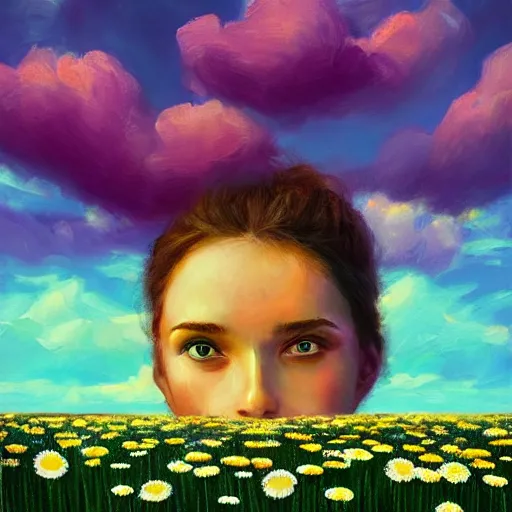 Image similar to head made of daisies, girl standing in a vast flower field, holding flowers, surreal photography, sunrise dramatic light, impressionist painting, colorful clouds, large sky, digital painting, artstation, simon stalenhag, flower face