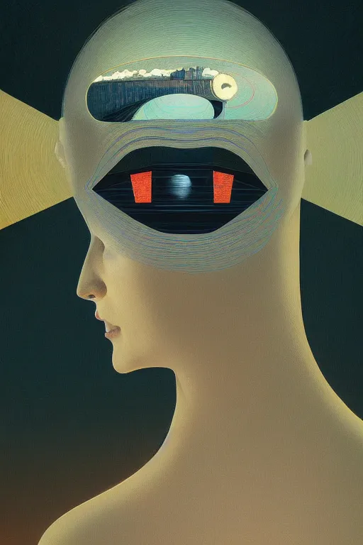 Image similar to woman wearing oculus and digital glitch head edward hopper and james gilleard, zdzislaw beksisnski, higly detailed