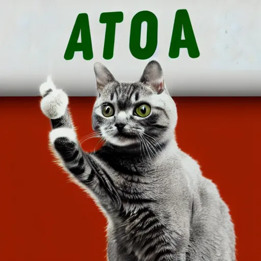 Image similar to realistic cat holding up word atom