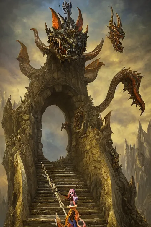 Prompt: matte glossy painting of stone steps fantasy leading do a gothic dragon statue portal, artstation by emilia dziubak, will terry, greg olsen, chris mars, ann long, and mark brooks, gret ritkowski dramatic, architecture, colorful warcraft architecture