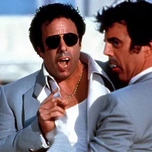 Image similar to jerry seinfeld as tony montana in scarface, movie still