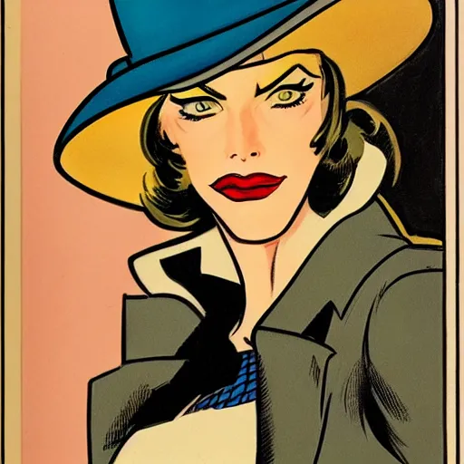 Prompt: a painting of a woman in a hat and coat, a comic book panel by howard chaykin, behance, cobra, 1 9 7 0 s, marvel comics, dc comics - h 7 6 8