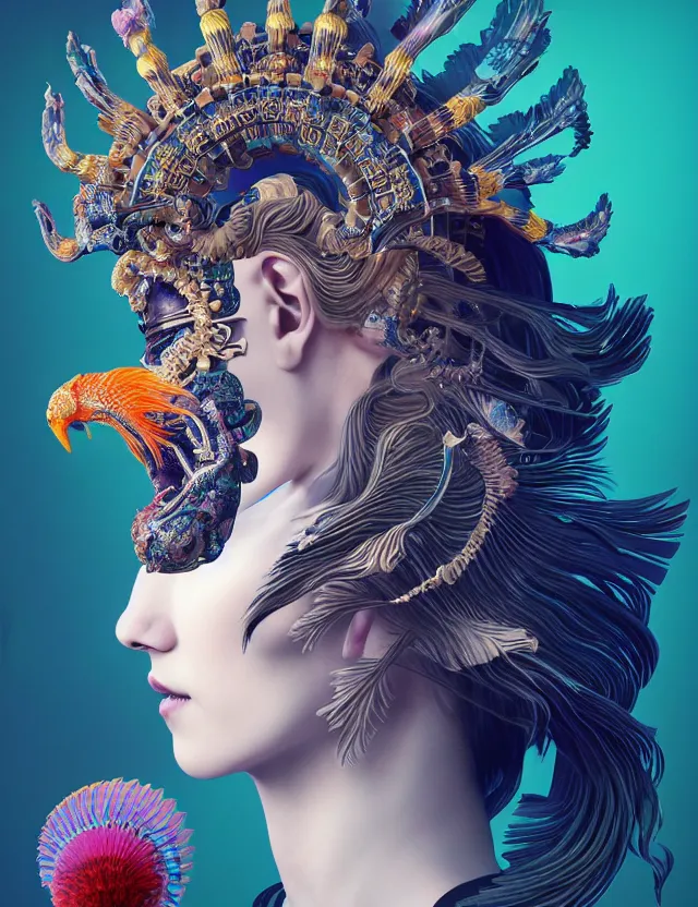 Image similar to 3 d goddess close - up profile portrait with crown, ram skull. beautiful intricately detailed japanese crow kitsune mask and clasical japanese kimono. betta fish, jellyfish phoenix, bio luminescent, plasma, ice, water, wind, creature, artwork by tooth wu and wlop and beeple and greg rutkowski