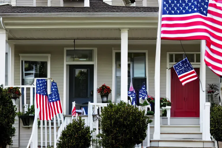Prompt: house with one american flag hanging on the front porch