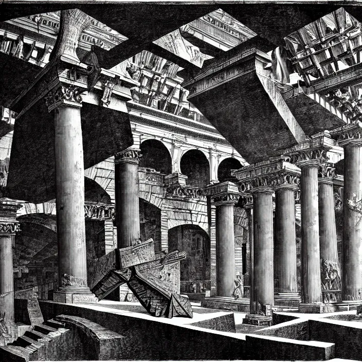 Prompt: piranesi's chamber, by piranesi and mc escher, intricate details, hd