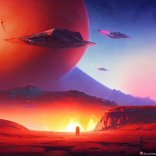 Prompt: ''cinematic shot'' of an star wars battle on the planets surface made of orange hills realistic made by ivan aivazovsky, peter mohrbacher, greg rutkowski volumetric light effect broad light oil painting painting fantasy art style sci - fi art style realism premium prints available artwork unreal engine