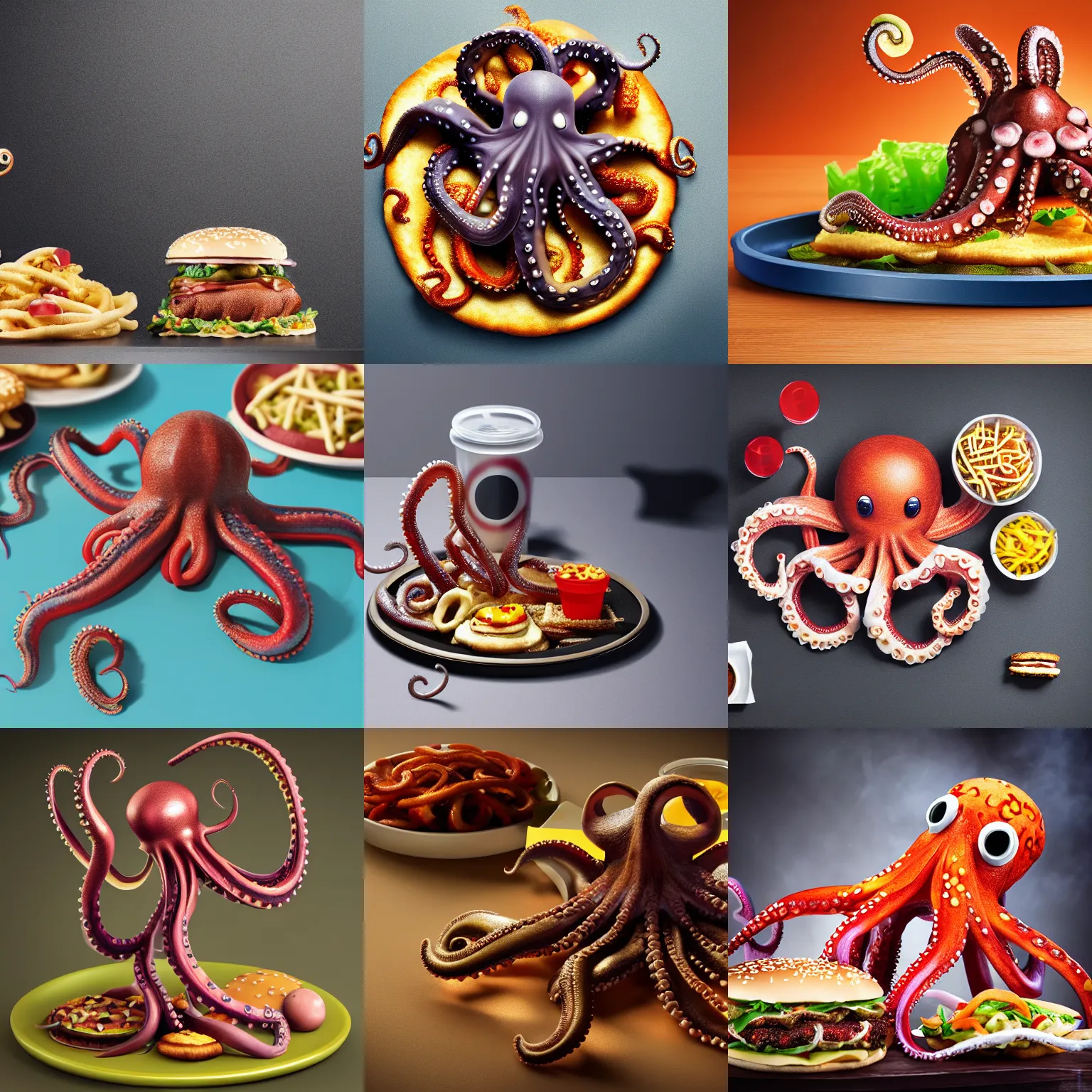 Prompt: octopus made of steel eating fastfood, raytracing, 5 5 mm