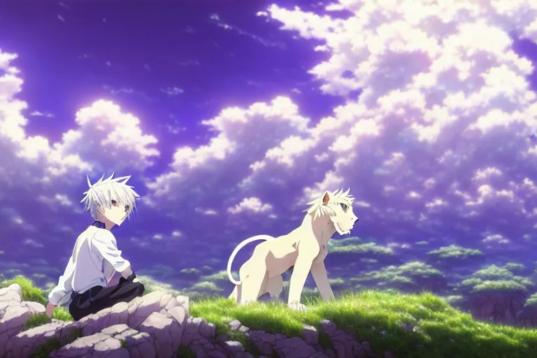 Image similar to a vast scene, panorama distant view, anime art full body portrait character concept art, hyper detailed scene render of a boy and a white lion, anime key visual of violet evergarden, finely detailed perfect face delicate features directed gaze, in the white clouds fairyland, trending on pixiv fanbox, violet evergarden, studio ghibli, james jean, extremely high quality artwork