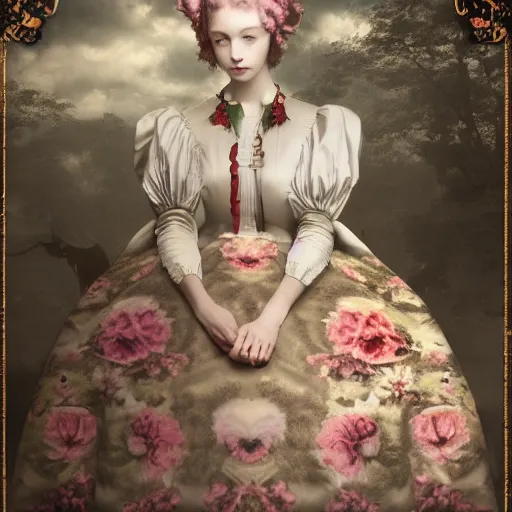 Image similar to 8k, octane render, realism, tonalism, renaissance, rococo, baroque, group of creepy young ladies wearing long harajuku manga dress with flowers and skulls, background chaotic flowers