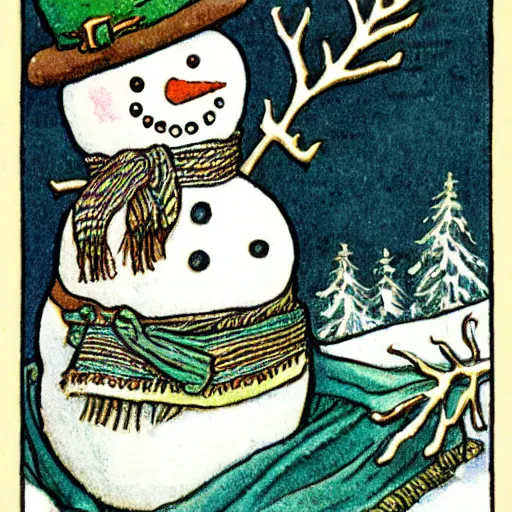 Prompt: victorian snowman illustration full page scan for greeting card by walter crane