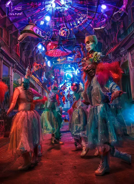 Prompt: professional photography, octane render, beautiful aesthetic whimsical horror, silent hill carnival, fools and jesters performing at a carnival, high-resolution, extreme detail, beautiful colorful lights