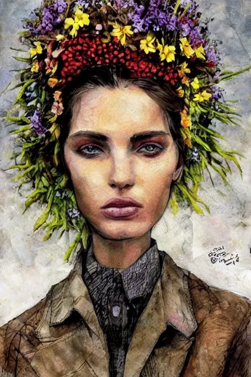 Image similar to portrait fashion model a wreath of spring flowers on her head artwork by enki bilal