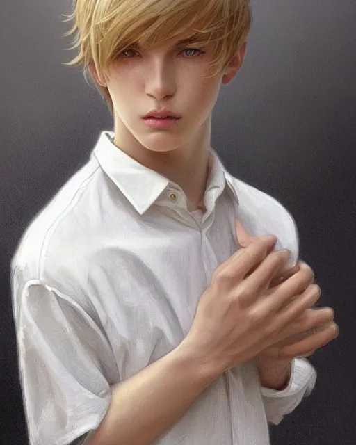 Prompt: portrait of 1 5 - year - old boy, with slender, white - blond hair, cold grey eyes, a pale complexion with sharp and pointed features, highly detailed, digital painting, artstation, concept art, smooth, sharp focus, illustration, art by artgerm and greg rutkowski and alphonse mucha