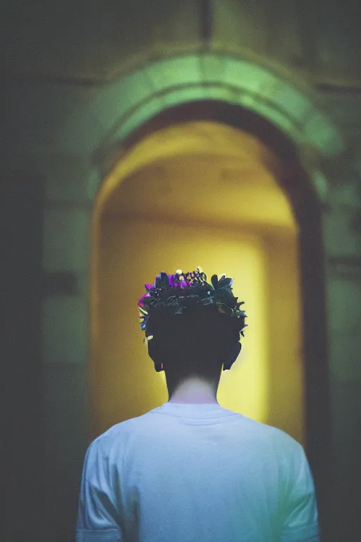 Image similar to kodak portra 4 0 0 photograph of a skinny guy looking into a otherworldly portal, flower crown, back view, vaporwave colors, grain, moody lighting, moody aesthetic,